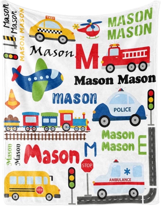 Custom Blanket with Name for Boys, Personalized Name Blanket City Transport, Soft Flannel Blankets Customized Gift for Children Day Birthday Christmas-40 x50