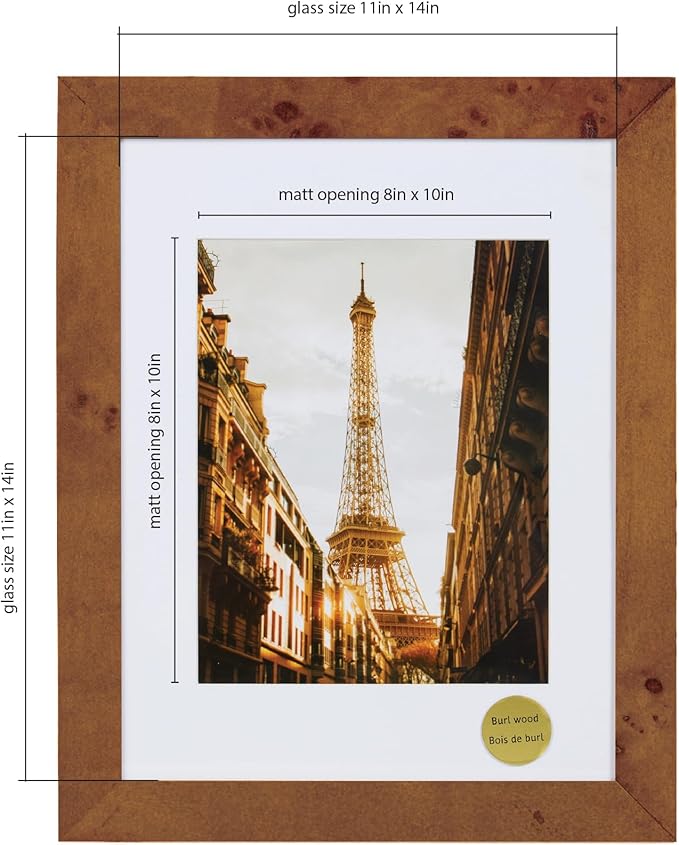 Concepts DHD, Burl Wood Picture frame, Wallhung Décor In Bulk, Perfect For Wall Photo Collage (11x14 matted to 8x10, 4 Pack)