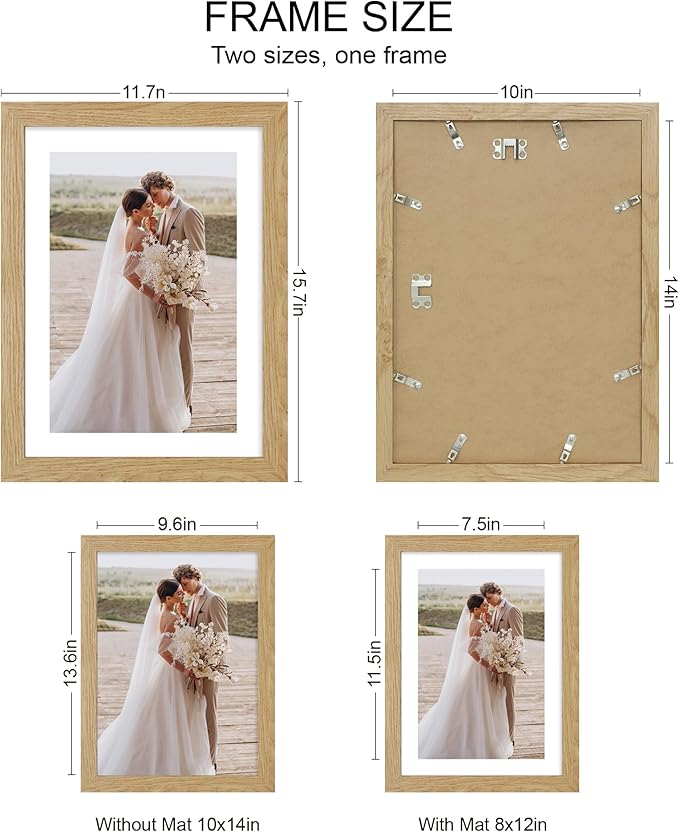 10x14 Picture Frame Set of 4, Made of Glass and Natural Oak Wooden Frame, Display 8x12 Pictures with Mat or 30 x 40cm Diamond Painting Art without Mat for Wall Mounting, Gallery Photo Frames