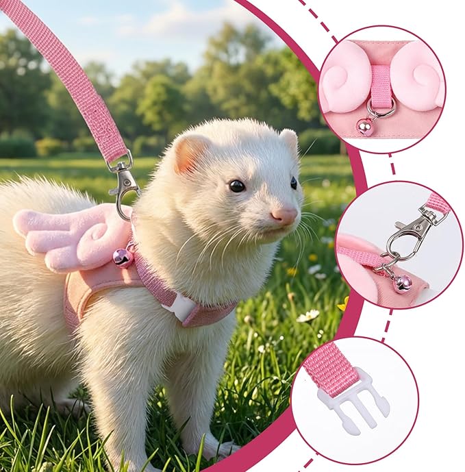 Ferret Harness and Leash Set Small Animals Vest Harness Soft-Harness Leash Vest Set with Bell Guinea Pig Clothes for Baby Ferret Rats Hamster Teacup Chihuahua Mouse Small Pet