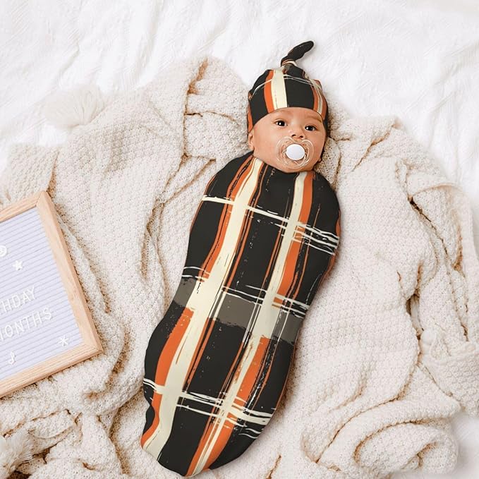 Christmas Baby Swaddle Blanket and Hat Set for Newborn Boys Girls Soft Infant Wrap Sleep 0-6 Months Buffalo Plaid Orange
