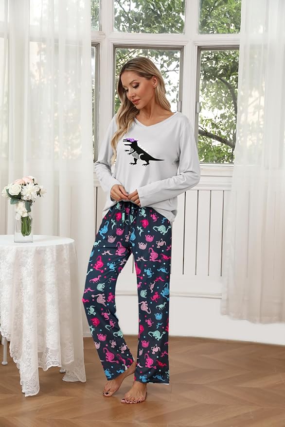 Ekouaer Womens 2 Pack Pajama Set Long Sleeve Pajamas Top and Pants V Neck Pjs Set Soft Loungewear with Pockets