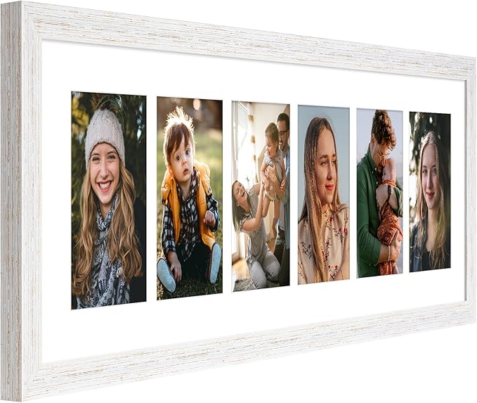 8x26 Collage frame with 6 Openings 4X6 Pictures, Multiple Picture Frame with Mat, Wall or Tabletop Decor, White Wood Grain (1 Pack)