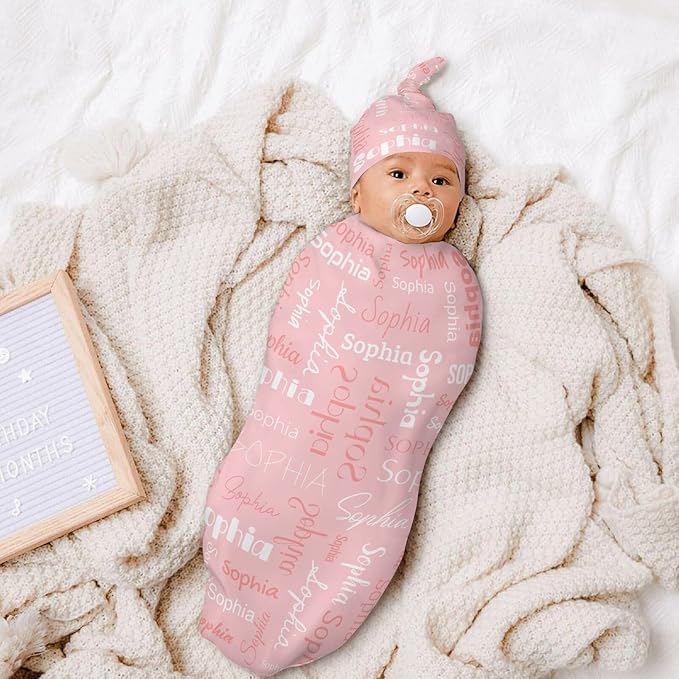 Swaddle Blanket with Hat Set Newborn Name Lettering Pink Receiving Soft Blankets Baby Swaddle Wrap Soft Sleep Sack for Baby Boys and Girls
