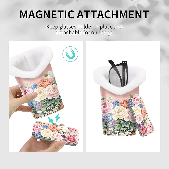 Plush Lined Eyeglasses Holder, Cute Magnetic PU Leather Glasses Stand Case for Women Men Kids