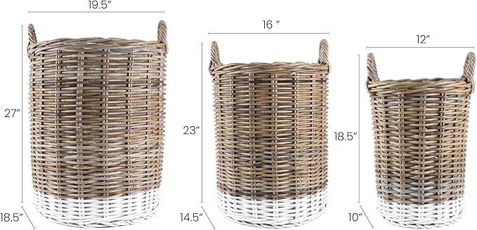happimess BSK1000A-3SET Ternion Cottage Hand-Woven Rattan Nesting Wicker Storage Baskets w/ Handles, Seagrass Container for Decoration in Bedroom, Living Room, Laundry Room, Kubu Gray/White (Set of 3)
