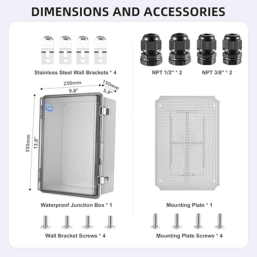 Waterproof Outdoor IP67 Junction Box (13.8"x9.8"x5.9") with Mounting Plate, Hinged Clear Cover and Wall Brackets - Weatherproof ABS Plastic Electrical Enclosure for DIY Projects(350x250x150mm)