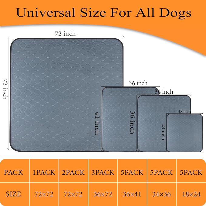 Bunlitent Reusable Puppy Pads, Washable Pee Pads 34"x 36", 5 Pack, Grey