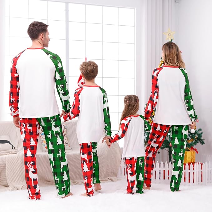 Christmas Family Pajamas Set Matching Holiday Plaid Sleepwear Set Reindeer/Tree Print Loungewear for Xmas Eve