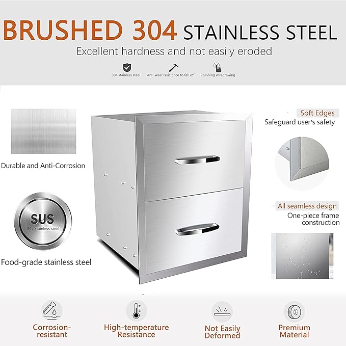 Outdoor Kitchen Drawers Stainless Steel 18W X 23H X 23D Inch, Flush Mount Access BBQ Drawers with Handle, Double BBQ Island Drawer for Outdoor Kitchens Island, Patio or Grill Station