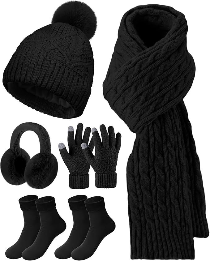 Geyoga 6 Pcs Winter Warm Set for Women Warm Beanies Hats Touchscreen Gloves Long Scarf Ear Muffs Socks Winter Gifts for Women