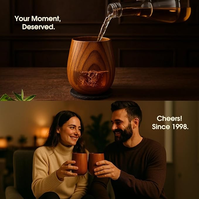 Wooden Bourbon Drinking Glass | Bourbon Gifts for Men | Large Old Fashioned Glass | 16 oz Wooden Whiskey Tumbler | Birthday Whiskey Gifts for Men, Husband, Dad or Brother (2 Pack)