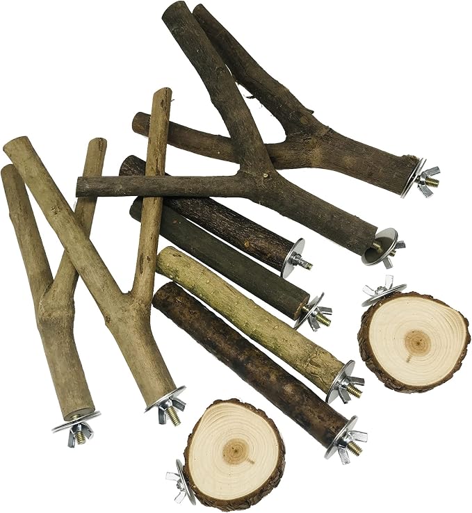 10 PCS Natural Wood Bird Perch Stand, Bird Parrot Perch Stand Set, Wooden Parrot Perch Stand Perch Platform Cage Accessories for Parrotlets Cockatiels Budgies Parakeets