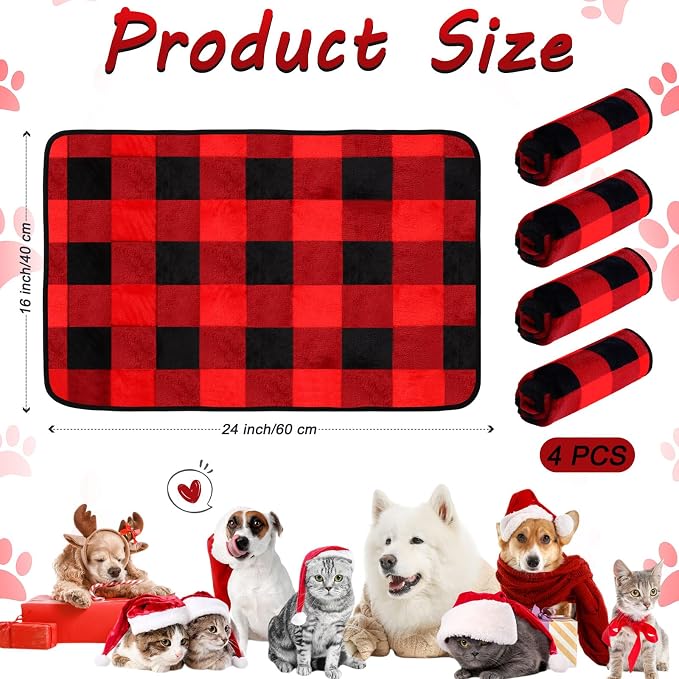 Reginary 4 Pcs Guinea Pig Fleece Blankets, Plaid, 24 x 16 Inch | Waterproof Washable Cage Liners, Absorbent Double Layer Bedding for Guinea Pigs, Reusable Pads for Hamsters Rabbits