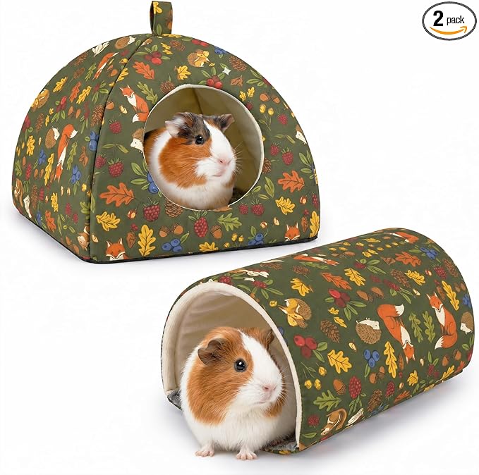 Guinea Pig Hideout Tunnel Set, 2 Pack Washable Small Animal Bed with Removable Cushion, Hamster Hideout Play Tunnel Toys for Guinea Pigs, Hamsters, Hedgehogs, Ferrets, Green Forest