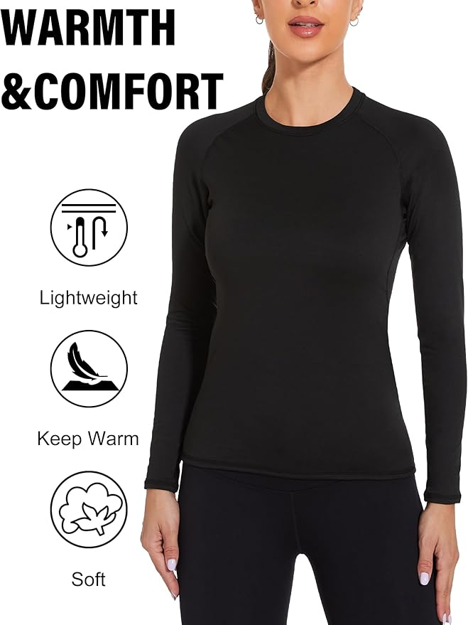 Womens Thermal Compression Long Sleeve Shirts Fleece Lined Tops Crew Neck Slim Fit Base Layer Ladies Underwear