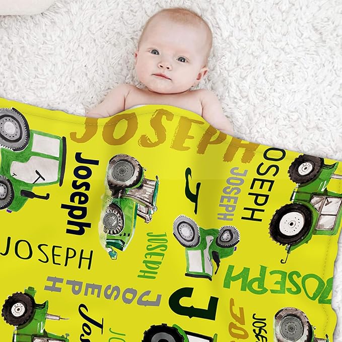 Personalized Tractors Blanket - Custom Name with Farm Tractor Trucks Design - Soft Plush Flannel Bed Blanket for Baby Kid Teen Boys Girls Customized Gifts Yellow
