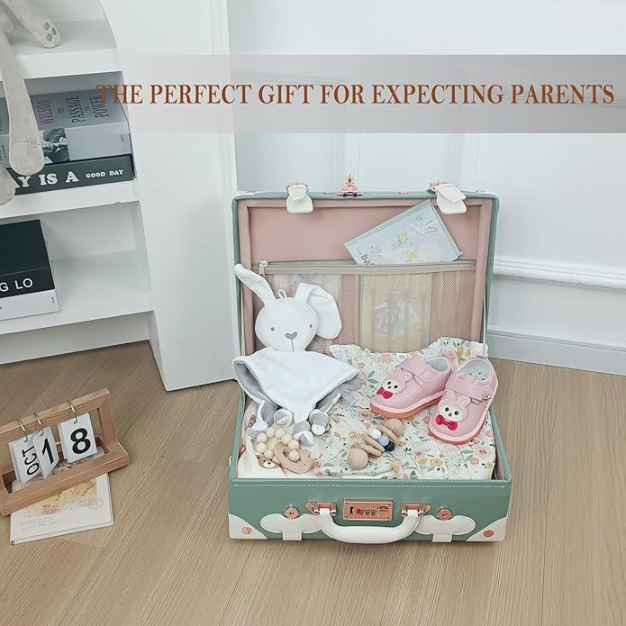 Unitravel Baby Keepsake Case, Handmade Memory Storage Box, Newborn Keepsake Box, Vintage Suitcase for Baby Shower, Baptism, Naming Ceremony or Birthday