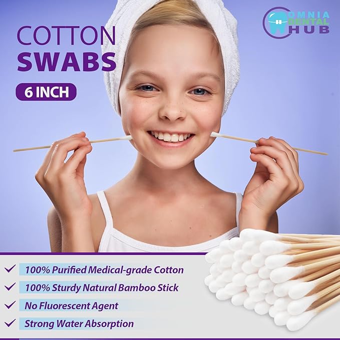 Dental Grade Inch Long Cotton Swabs with Bamboo Wooden Handles Cotton Tipped Applicator by OMNIA ONE | Ideal for Application of Medication, Cleaning Skin, Arts and Crafts Remover Tool (6" (1000PCs))