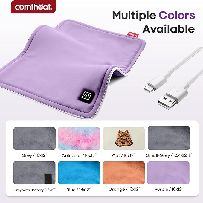 USB Plug-in Heating Pad for Travel Warmth Outdoors, Non-Rechargeable Small Heated Pad 5V Heat Therapy for Pain Relief Abdomen Cramps, 3 Heat Settings & Auto Shut Off (12"x 16") Purple