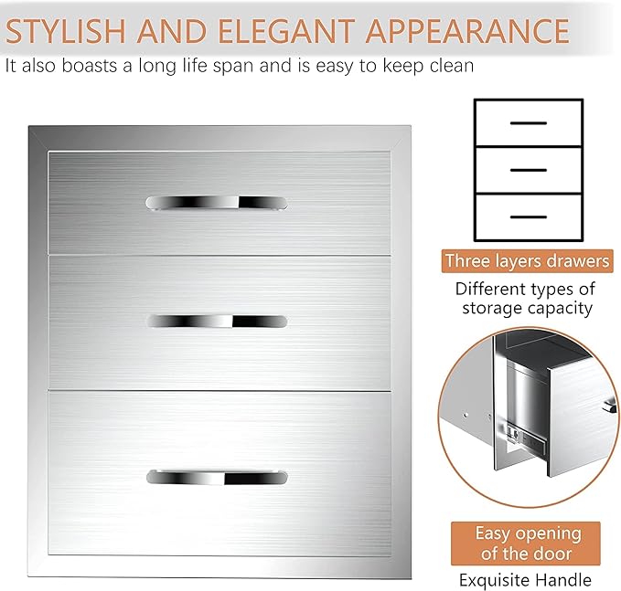 Outdoor Kitchen Drawers Stainless Steel 18W X 21H X 23D Inch, Flush Mount Triple BBQ Island Drawers with Handle for Outdoor Kitchens, Patio or Grill Station