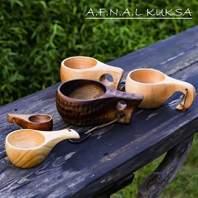 Kuksa Camping Mug Wooden Bushcraft Handcarved Cup, Nordic Style Coffee & Hiking Kuksa, Rubber Wood with Double Hole, 7.1 oz., 6.3" x 3.8" x 2.6"