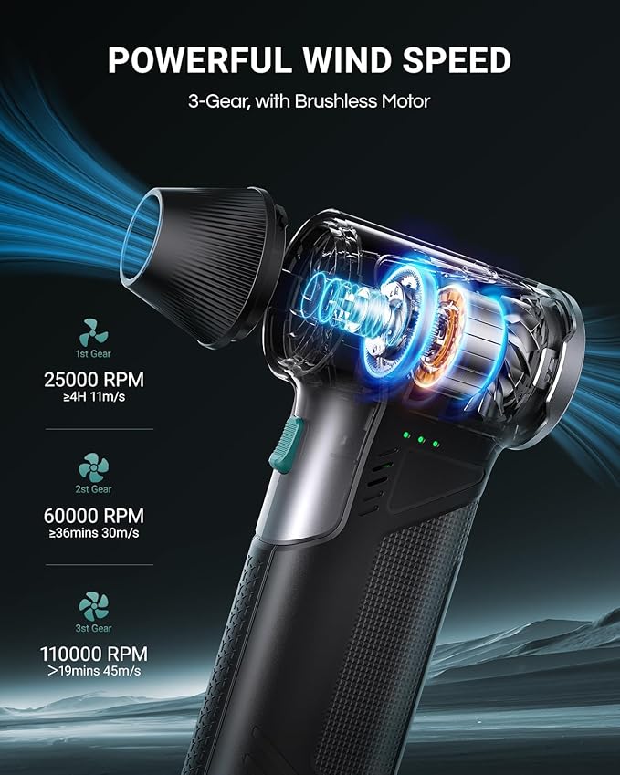 T150 Compressed Air Duster, 110000RPM Cordless Electric Air Duster, 3-Gear Mini Handheld Cordless Blower with Fast Charging, Portable Air Blower for PC, Car, Outdoor, Keyboard Cleaning