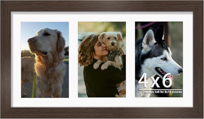 8x14 Collage Picture Frame 4x6 Collage Picture Frame Displays Three 4x6 inch Photos or 8x14 (Without Mat) for Available Horizontal Wall Mounting Display and Vertical Walnut