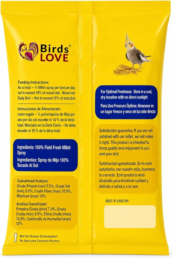 Birds LOVE® Economy Spray Millet for Birds, 7 oz, GMO-Free Natural Bird Treat, Stem-Reduced Millet Tops, USA Grown Spray Millet for Parakeets, Cockatiels, Lovebirds, Finches, Canaries -Pack of 4