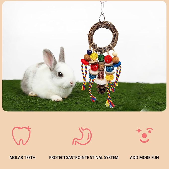Bunny Chew Treats Toy for Teeth, 2PCS Rabbit Cage Hanging Chew Toys and Rattan Ring with Snack,Natural Material Chinchilla Treats Toys for Guinea Pig Gerbils Hamster Rat Teeth Grinding