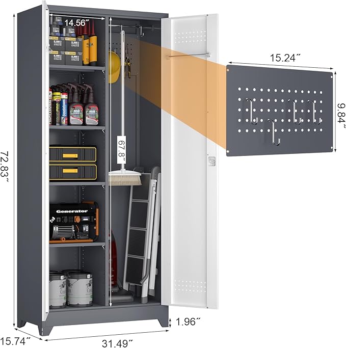 GREATMEET Metal Garage Storage Cabinet, 73" H Broom Closet Storage Cabinet, Locking Utility Cabinet with Doors and Shelves for Garage, Home, Grey White
