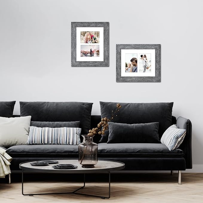 8x10 Picture Frame Display Double 4X6 Picture Frame Collage,Multi Photo Frame with Mat,Plexiglass,Wall or Tabletop Decor,Grey Wood Grain