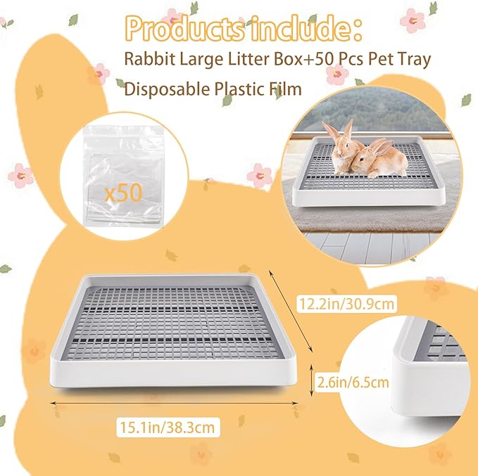 Large Rabbit Litter Box for Cage,Bunny Litter Box Grate Restroom with 50 Pcs Disposable Rabbit Cage Liner Guinea Pig Litter Pan with Grate Rabbits Litter Tray Pet Toilet for Rat Ferret Hamster
