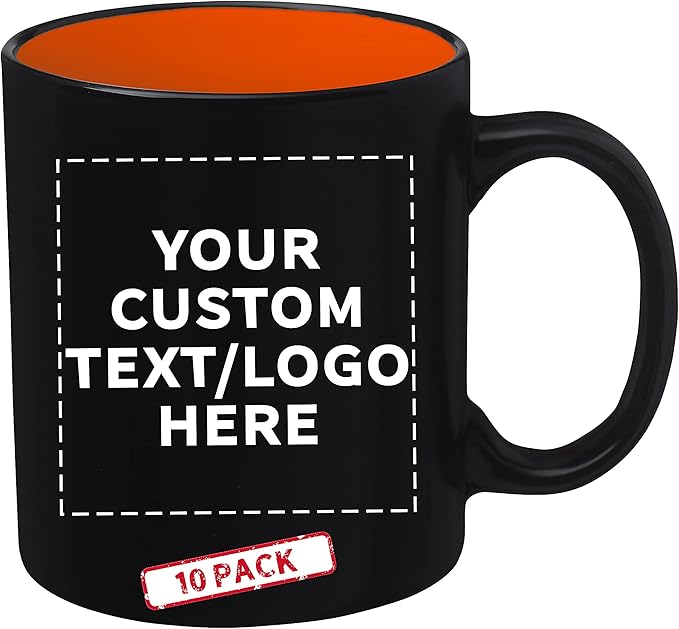 DISCOUNT PROMOS 10 Matte Two-Tone Coffee Mugs Set, 11 oz. - Customizable Text, Logo - Stoneware, Drinkware, Durable, C-handle - Orange
