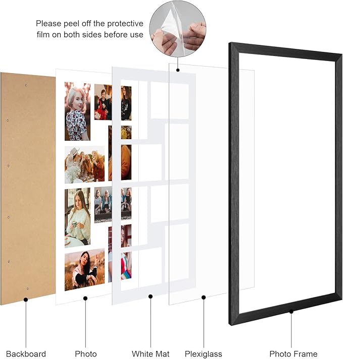 11.8x21.8 Collage frame with 8 Openings 4X6 Pictures, Multiple Picture Frame with Mat, Wall or Tabletop Decor, Black Wood Grain,2 Pack