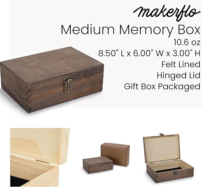 makerflo Medium Grey Pine Wood Memory Box with Hinged with Clasp, Black Felt Inside, Keepsake Wooden Box Ideal for Craft and Personalization (Laser Engraving, Epoxy, UV DTF, and Vinyl) – Pack of 24