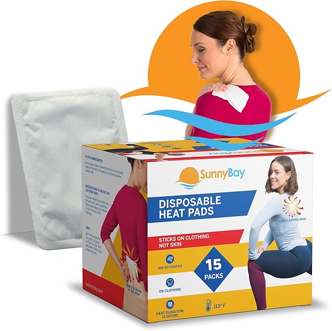 SunnyBay Adhesive Heat Patches for Neck, Knee, and Upper or Lower Back, Air-Activated Heat Pads for Menstrual Cramps, Stiffness, Sprains, and More, Stick to Clothing, 5x3 inches, 15 Count