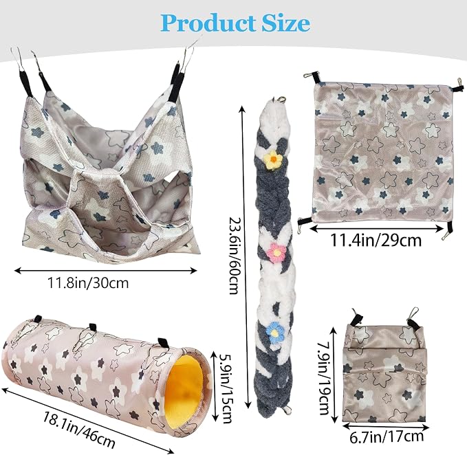 Hamiledyi Rat Hammock Sugar Glider Climbing Ropes Toys Rat Hanging Tunnel Hammock Swing Squirrel Hideout Bed Cage Accessories for Ferret Mouse Hamster Small Animals (Grey)