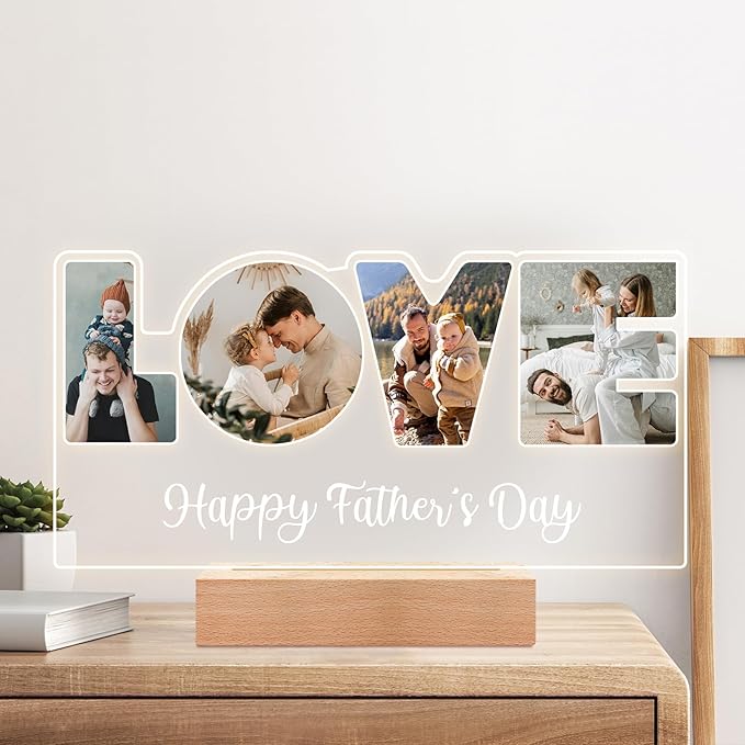 Personalized Father's Day Gifts for Dad/Kid/Baby/Family/Pet, Custom LOVE Picture Frames with Photos, Custom Acrylic Plaque with Night Light, Personalized Dad Birthday Gifts