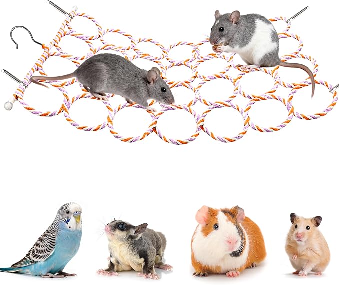 Rat Climbing Rope Net Toy for Cage, Hanging Swing Toy (Random Color) | Multifunctional Small Pet Activity Toy Works As Hemp Perch, Rope Ladder, Bridge and Hammock for Rats, Birds to Climb and Rest