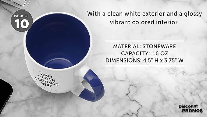 Custom Bistro Style Large Coffee Mugs 16 oz. Set of 10, Personalized Bulk Pack - Perfect for Coffee, Tea, Espresso, Hot Cocoa, Other Beverages - Cobalt Blue