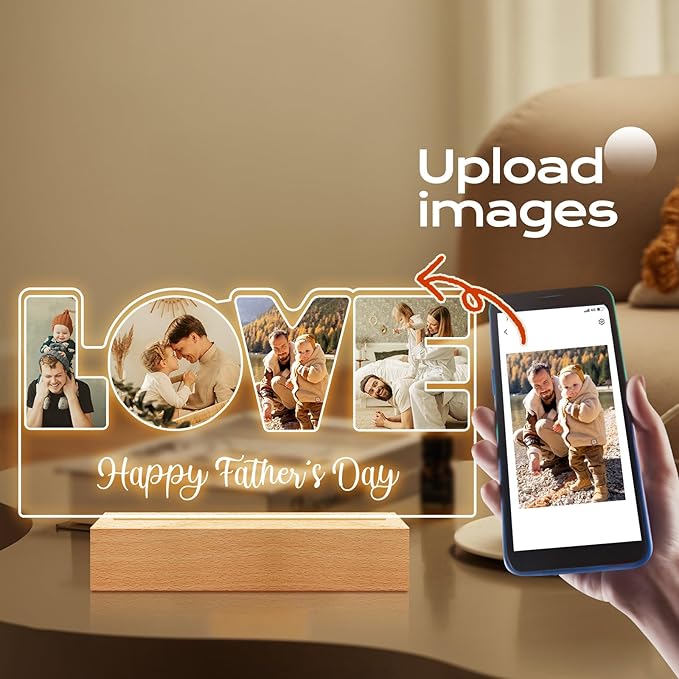 Personalized Father's Day Gifts for Dad/Kid/Baby/Family/Pet, Custom LOVE Picture Frames with Photos, Custom Acrylic Plaque with Night Light, Personalized Dad Birthday Gifts