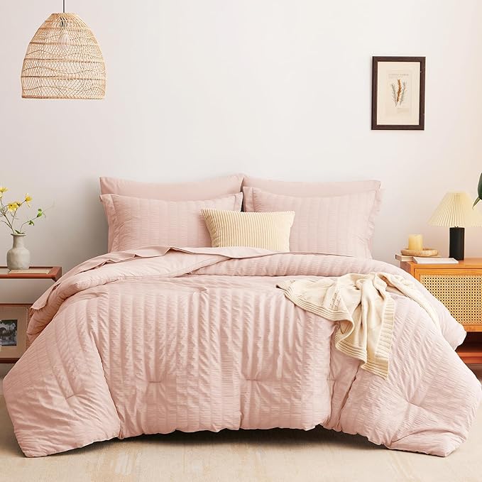 CozyLux Twin XL Comforter Set with Sheets Seersucker Blush Pink 5 Pieces Bed in a Bag, Twin Extra Long Luxury Bedding Sets for College Dorm with Down Alternative Comforter, Sheets, Pillowcases & Shams