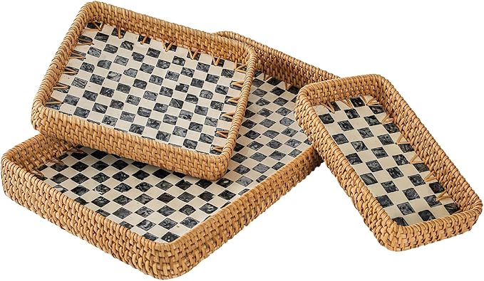 Set of 3 Rectangle Rattan Trays for Decor, Coastal Wicker Serving Tray, Hand-Woven from Natural Rattan with Mother of Pearl Inlay, Boho Woven Decorative Trays for Bathroom Kitchen Counter, Entryway