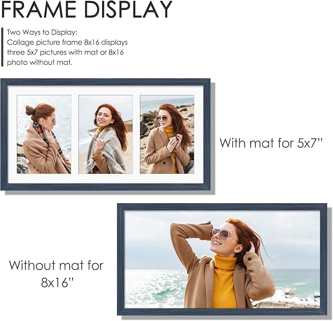 8x16 Collage Picture Frame 5x7 Collage Picture Frame Displays Three 5x7 inch Photos or 8x16 (Without Mat) for Available Horizontal Wall Mounting Display and Vertical Navy Blue
