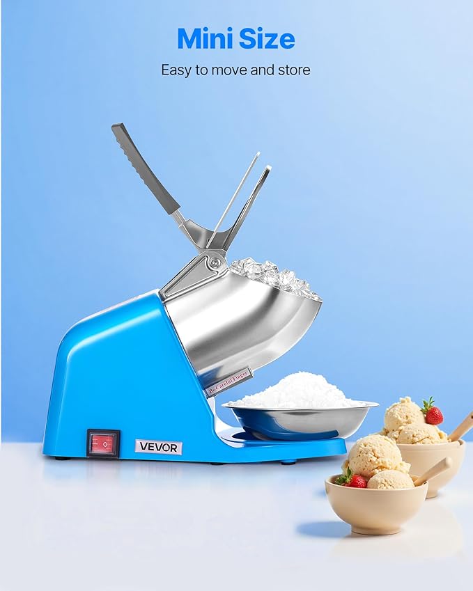 VEVOR Ice Crusher Machine, 286lbs Per Hour Electric 4 Blades Snow Cone Maker, Stainless Steel Shaved Ice Machine with Bowl and Cover, 300W 2000RPM Ice-Shaver for Home and Commercial Use, Blue