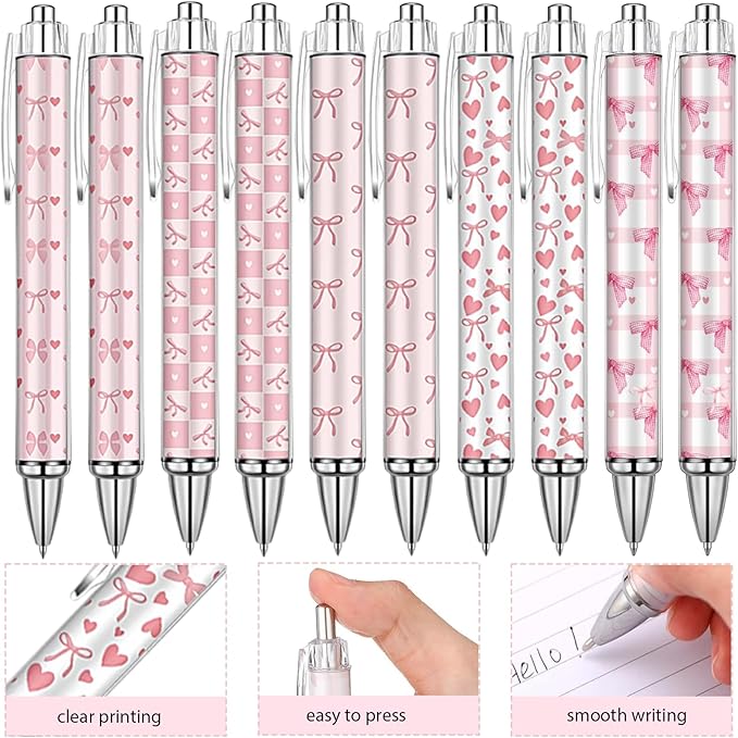 22 Pcs Cute Pink Bow Stuff,10 Pink Coquette Bow Pens and 12 Pads Bow Sticky Notes,Valentines Gifts,Black Ink Ballpoint Pens for Birthday Party Back to School Student Gift Women Office School Supplies