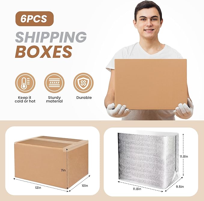 Simple deluxe 6 Pack Insulated Shipping Boxes with Aluminum Foil Liner,Thermal Insulation Cold Pack Shipping Boxes for Frozen, Reusable Styrofoam Cooler Box, Small Mailing Box, 12''x10''x7''