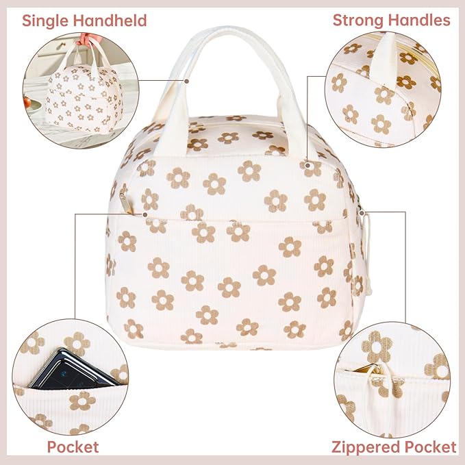 Lunch Bag for Women Men Girl,Large Cute Corduroy Lunch Tote Bags - Reusable Insulated Lunch Box for women with Handle, Leakproof WaterProof Design for Office, School, Work,Picnic.