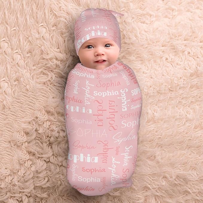 Swaddle Blanket with Hat Set Newborn Name Lettering Pink Receiving Soft Blankets Baby Swaddle Wrap Soft Sleep Sack for Baby Boys and Girls